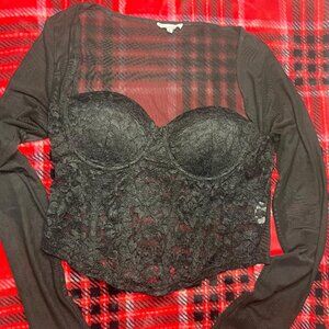 Long Sleeve Black Mesh Corset Style Top